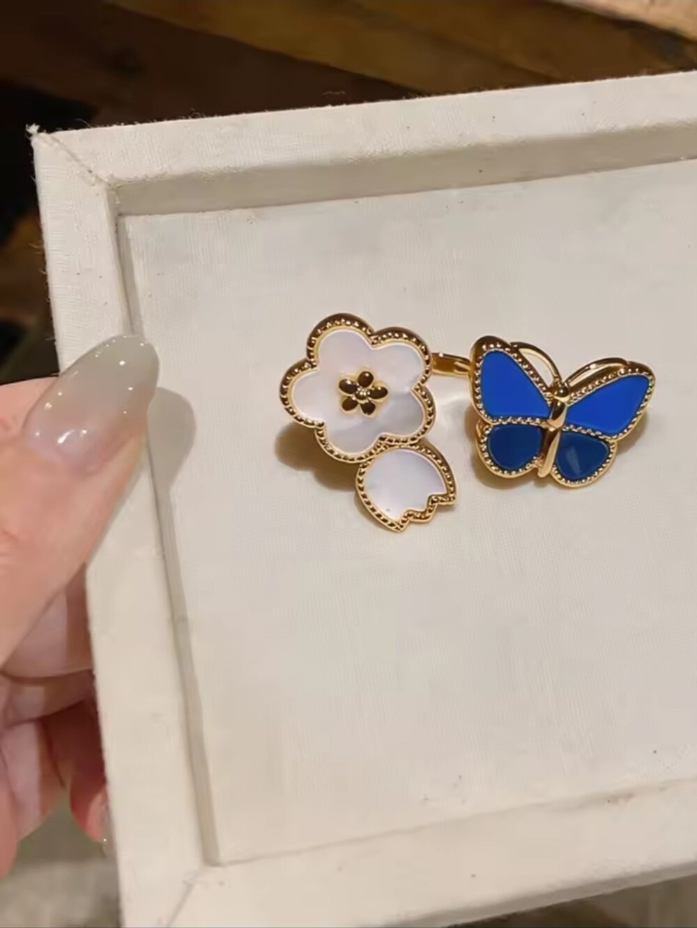 Gold Floral and Blue Butterfly Enamel Stud Earrings - Picture 6 of 7